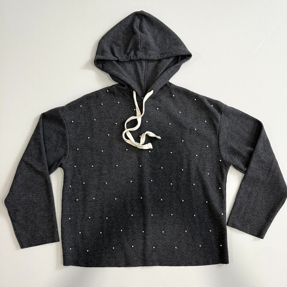 ZARA Women Oversized Hoodie Jumper with pearls Small Grey